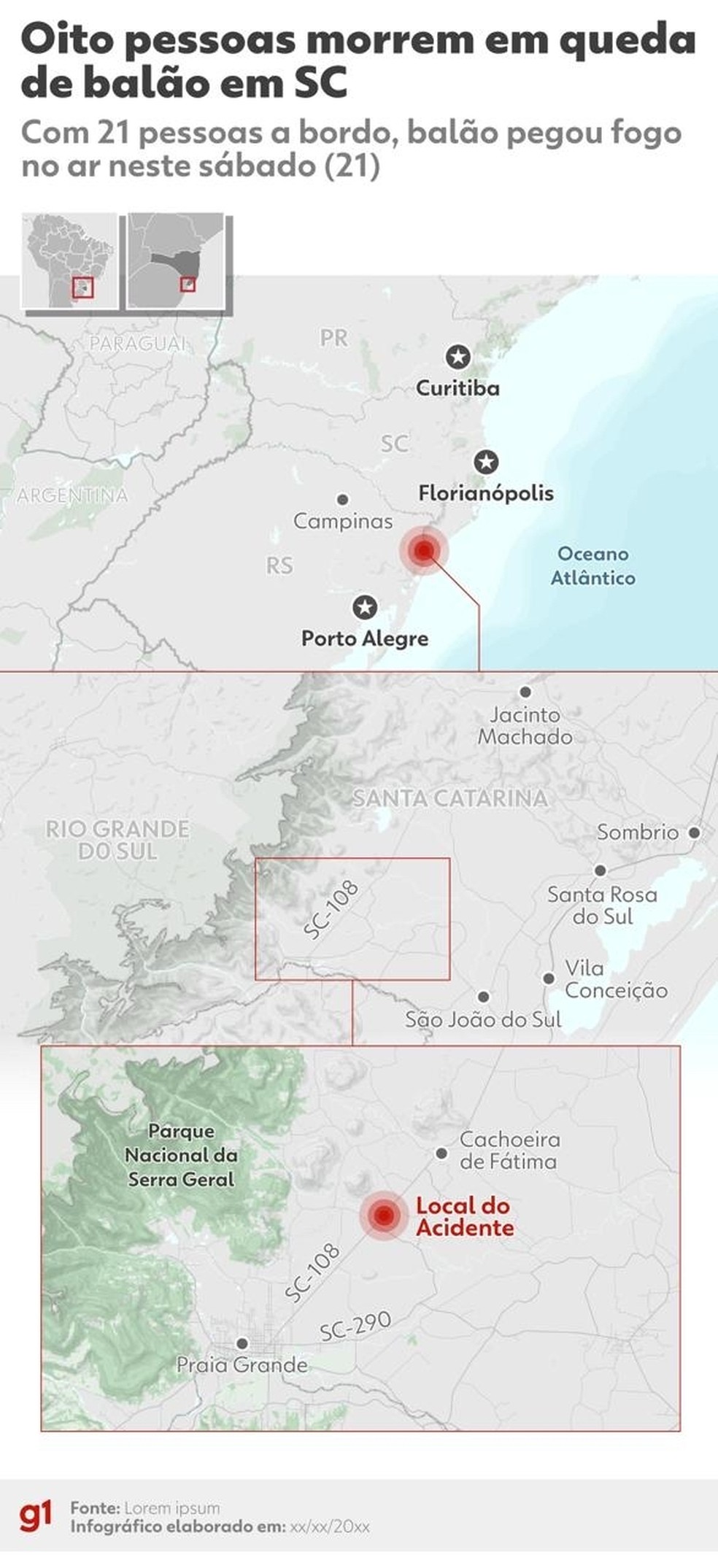 Mapa mostra local da queda de balão em Praia Grande (SC) — Foto: Arte/g1