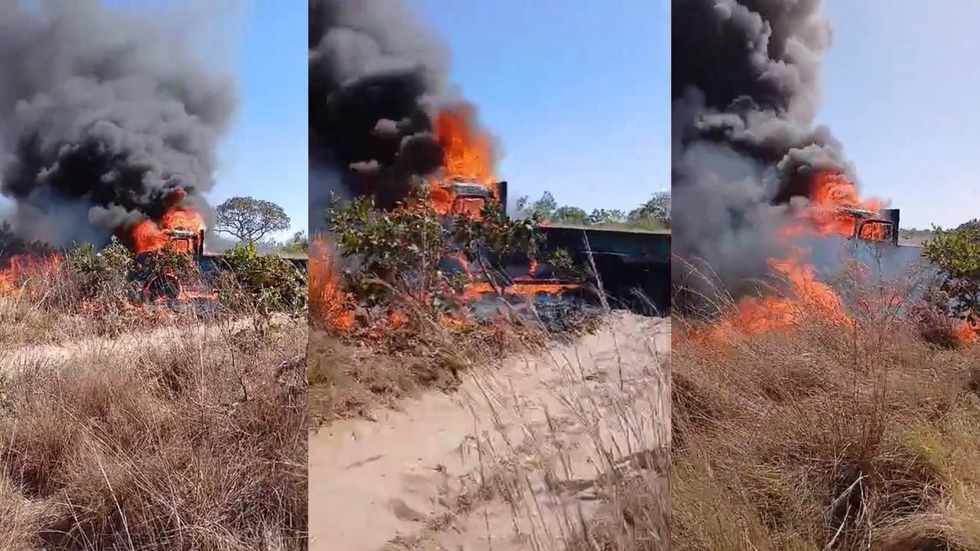 Motorista atola caminhão, força motor e provoca incêndio em área no Pantanal; veja vídeo