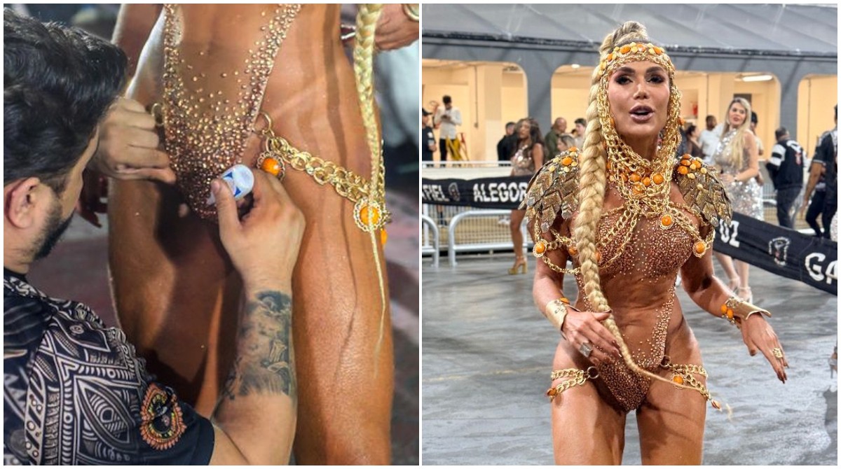 Musa da Gaviões da Fiel improvisa e usa 'supercola' no tapa-sexo para não mostrar demais durante ensaio técnico