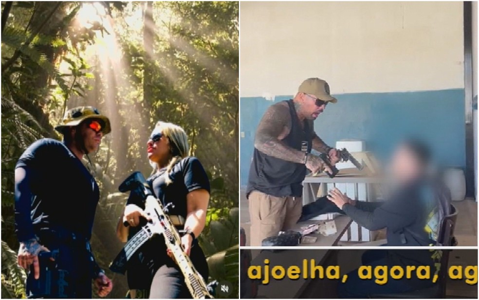 Casal gostava de ostentar armas na internet; à dir., o sargento Póvoa aparece ameaçando um colombiano — Foto: Reprodução/ TV Anhanguera