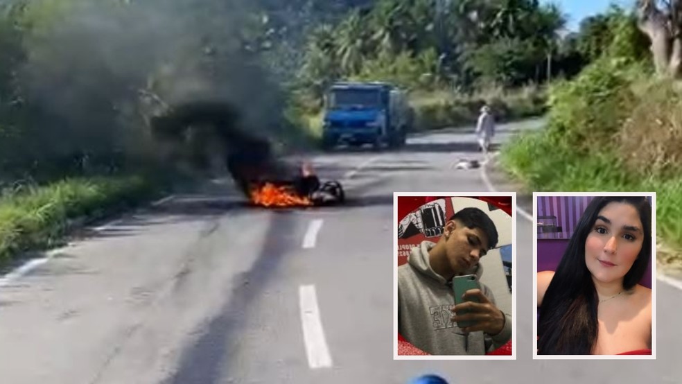 Moto em que os irmãos estavam pegou fogo após bater de frente com caminhão na CE-187, em Ipu, no Ceará. — Foto: Arquivo pessoal