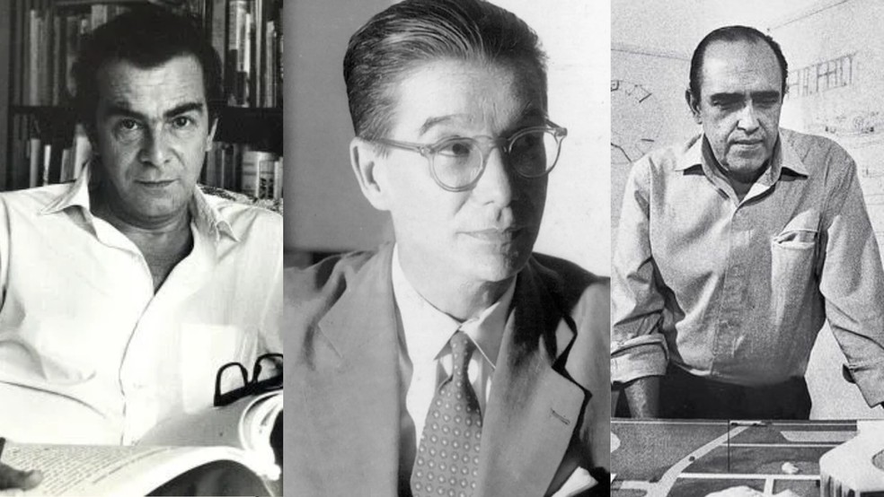 Montagem com fotos de Darcy Ribeiro, Anísio Teixeira e Oscar Niemeyer (esquerda para direita). — Foto: reprodução