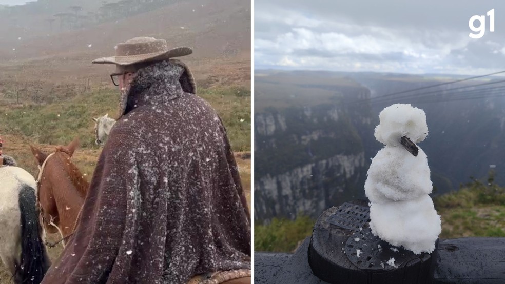 Serra do RS registra neve neste domingo — Foto: Alexandre Pereira/Imagens cedidas; Gabriel Kruger e Richard Ronchi/Imagens cedidas