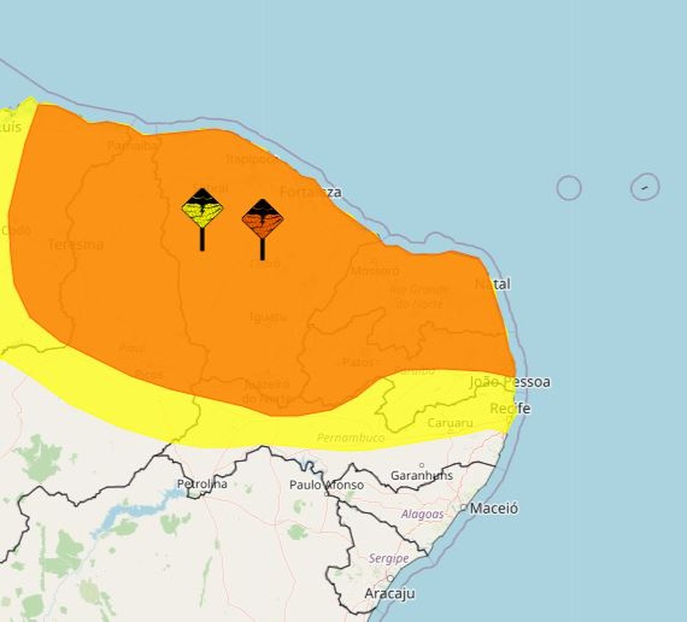 Alertas atingem todo o Rio Grande do Norte — Foto: Divulgação/Inmet