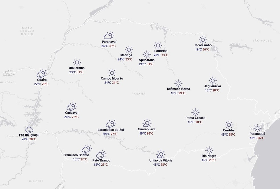 Previsão do tempo do Simepar para domingo, 26 de outubro — Foto: Reprodução/Simepar