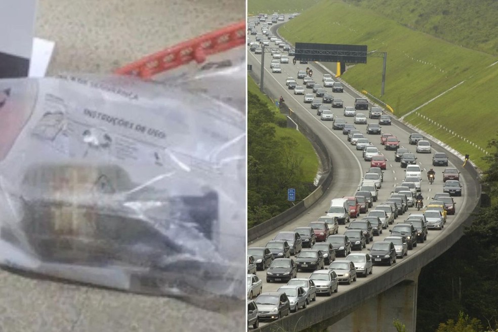 À esquerda, um dos explosivos encontrado na casa. À direita, imagem ilustrativa de uma das pontes do Sistema Anchieta-Imigrantes — Foto: Divulgação/Polícia Civil e A Tribuna Jornal