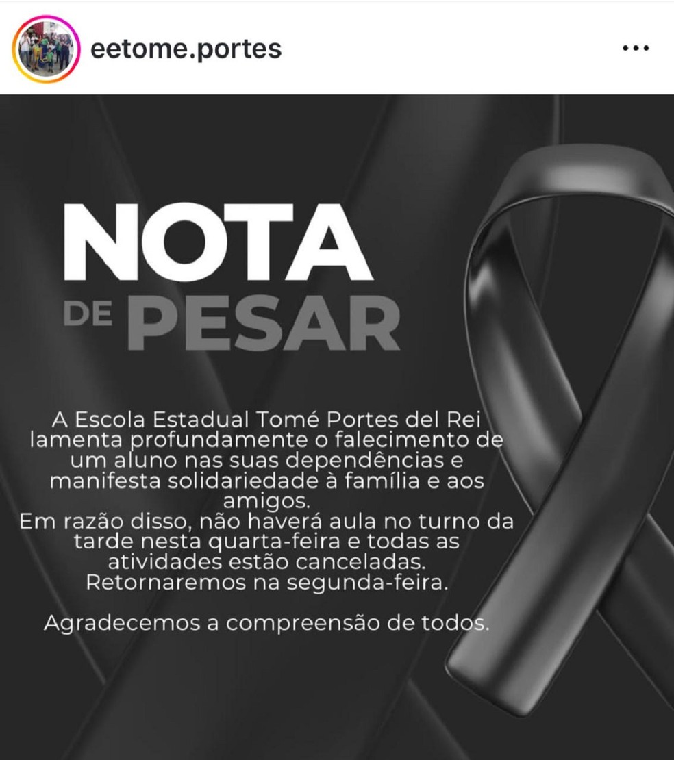 Nota Escola Estadual Tomé Portes Del-Rei — Foto: Redes Sociais