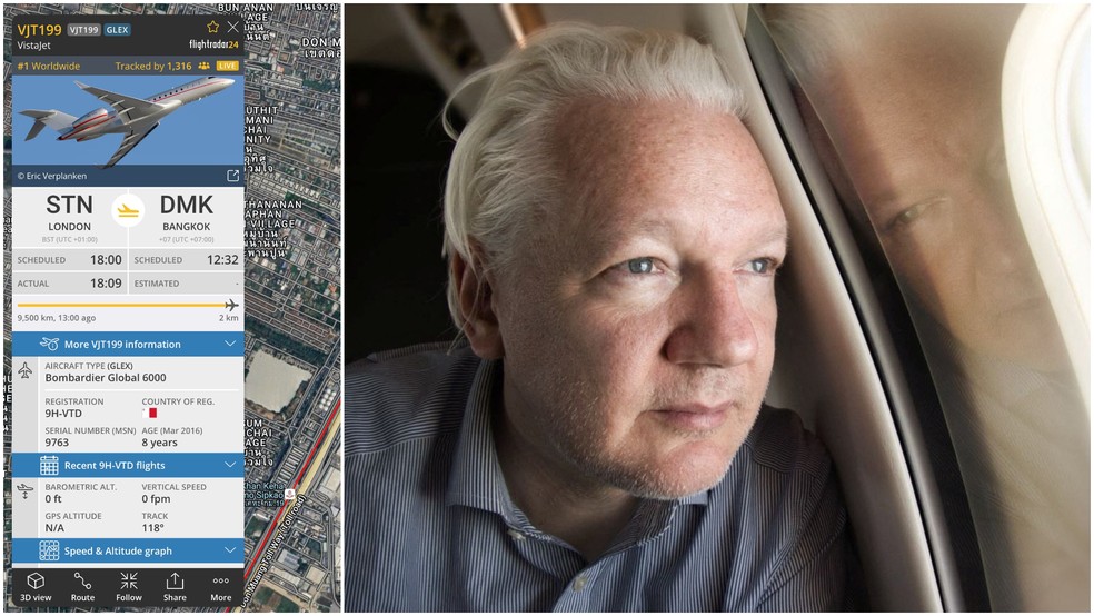 Montagem mostra avião que leva o fundador do WikiLeaks, Julian Assange, de Londres para as Ilhas Marianas do Norte — Foto: Montagem/WikiLeaks/FlightRadar24
