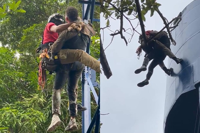 VÍDEO: Pintores intoxicados por solvente são resgatados de caixa d’água a 20 metros em Manaus