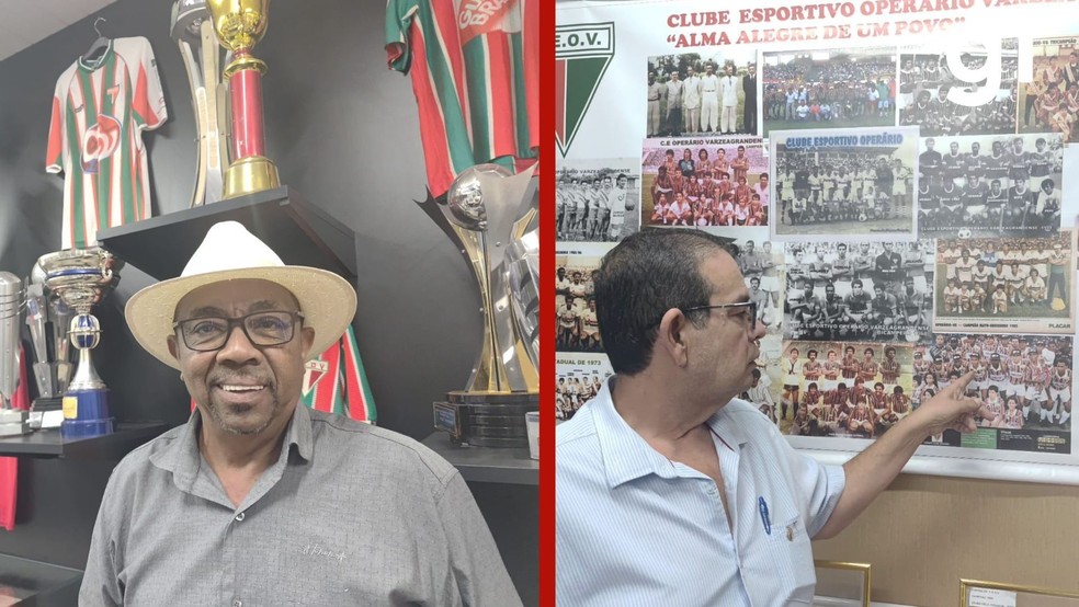 À esquerda, o historiador Saturnino, que preserva documentos e registros da passagem da família Neymar por Várzea Grande. À direita, o ex-presidente do Operário Várzea-Grandense, Maninho de Barros, responsável por contratar Neymar Pai em 1997. — Foto: Reprodução- Satutino