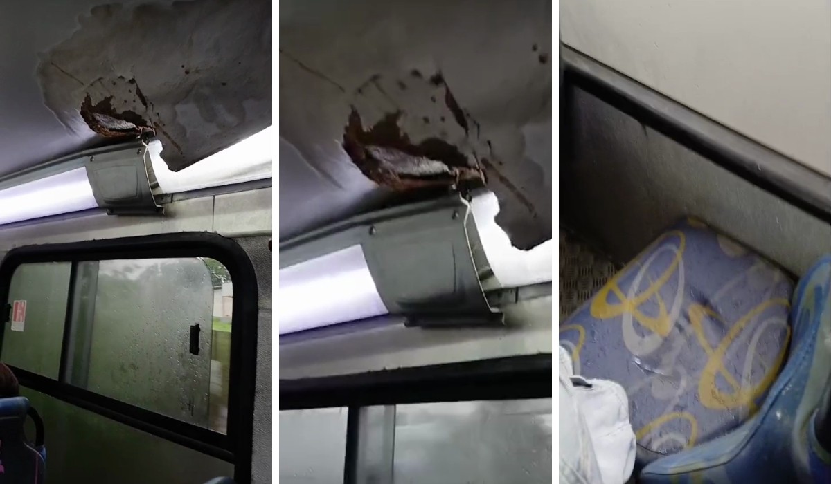 VÍDEO:  passageiros 'pulam' banco para fugir de goteira causada por buraco em teto de ônibus em Campinas
