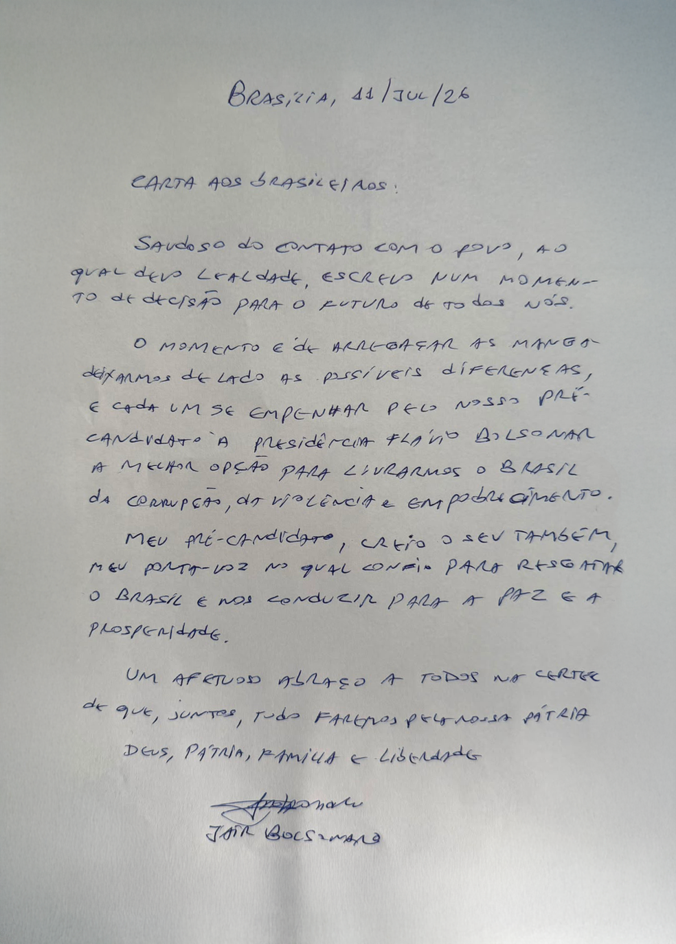 Carta escrita pelo ex-presidente Jair Bolsonaro e lida pelo senador Flávio Bolsonaro neste sábado (11) — Foto: Divulgação