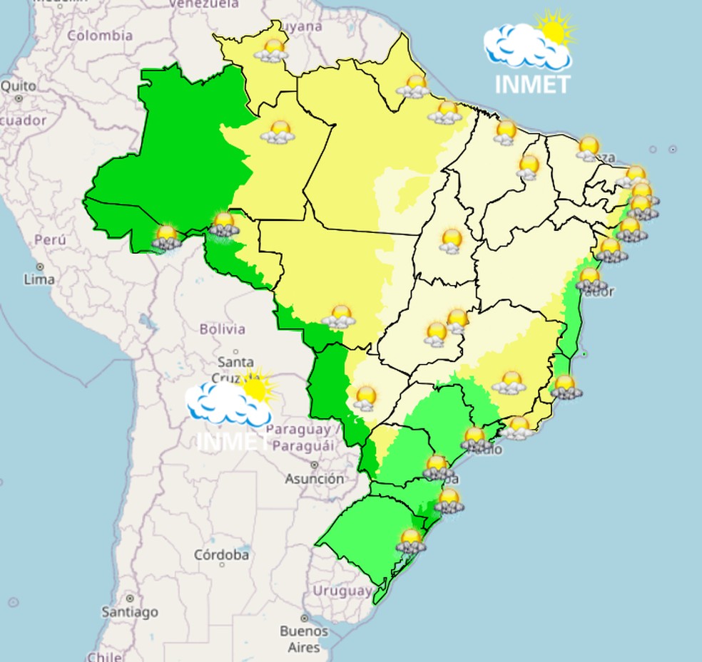 Mapa mostra previsão de chuva para esta terça (16) em todo o Brasil. — Foto: Inmet/Reprodução