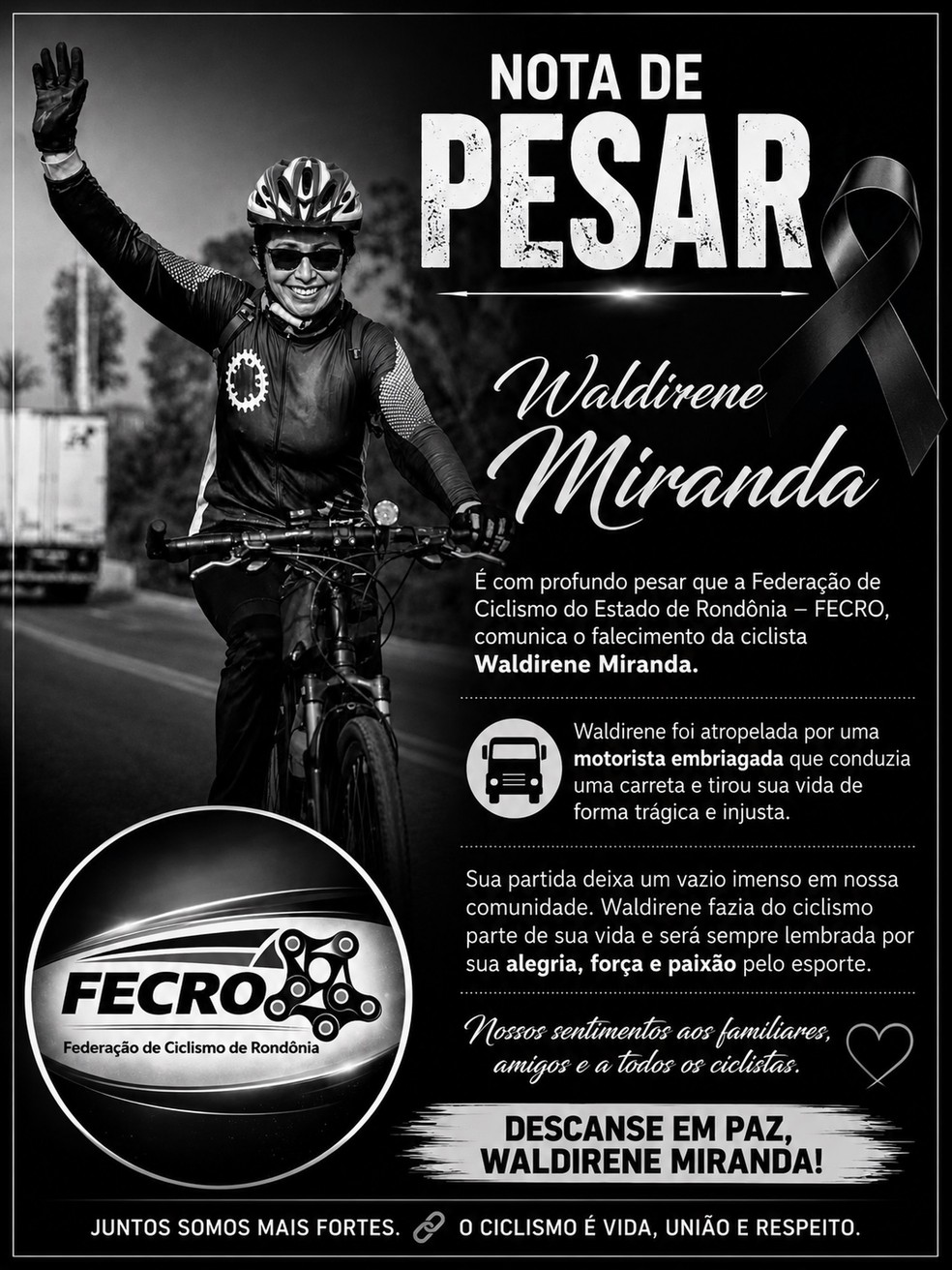 Nota Federação de Ciclismo do Estado de Rondônia (Fecro) — Foto: Reprodução/Federação de Ciclismo do Estado de Rondônia (Fecro)
