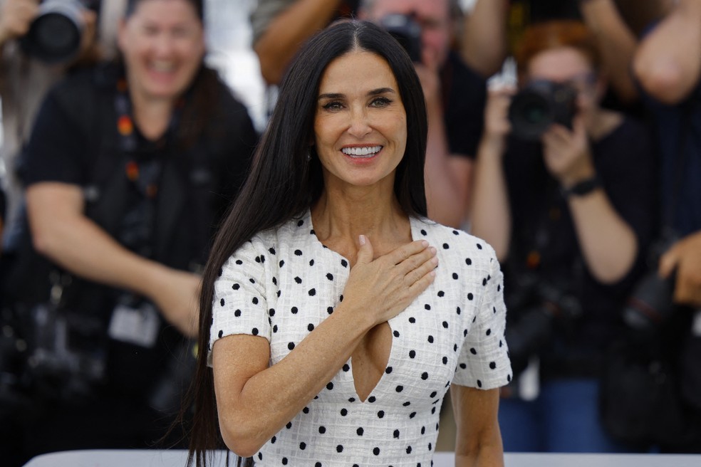 Demi Moore participa de exibição de seu filme 'The substance', no Festival de Cannes 2024 — Foto: Clodagh Kilcoyne/Reuters