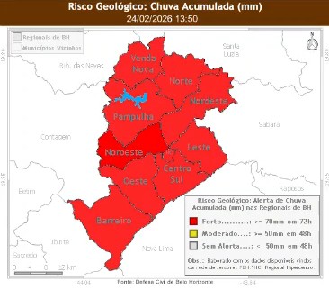Defesa Civil emite alerta de risco geológico forte para todas as regiões de BH