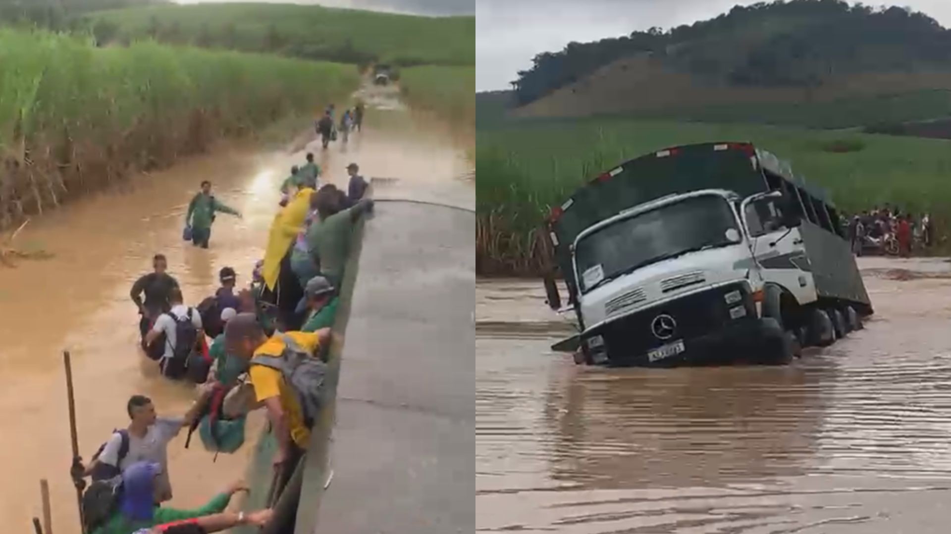 Caminhão tomba e fica parcialmente submerso ao tentar atravessar trecho alagado em inundação; VÍDEO