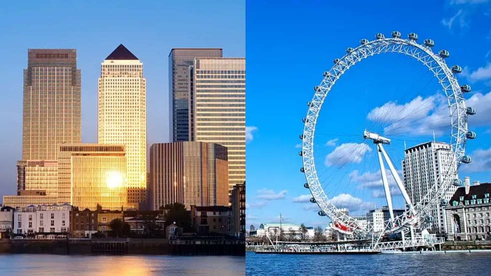 Tanto o One Canada Square em Canary Wharf (centro, imagem à esquerda) quanto o London Eye evitam o número 13. — Foto: GETTY IMAGES via BBC