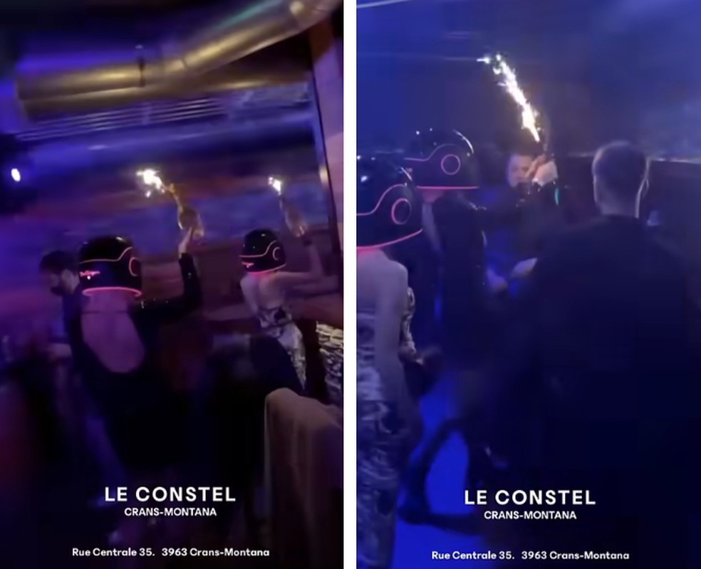 Vídeo promocional do bar na Suíça mostra garçonetes erguendo garrafas de champanhe com velas no topo. — Foto: Reprodução/Le Constellation Crans-Montana.