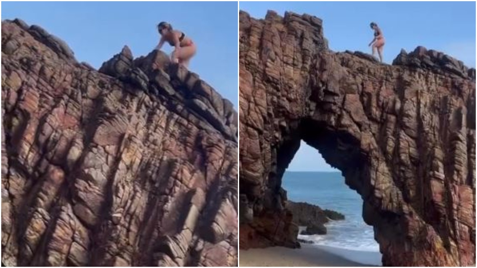 VÍDEO: Influenciadora sobe na Pedra Furada de Jeri para foto em rede social; prática e proibida