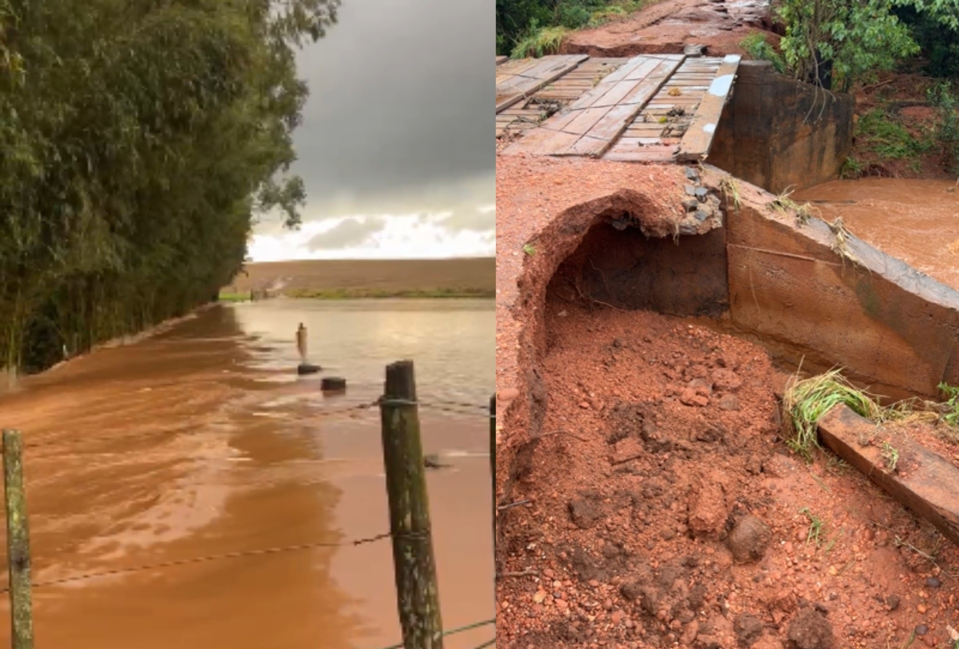Chuva forte transforma lavoura em rio e danifica ponte no sul de MS