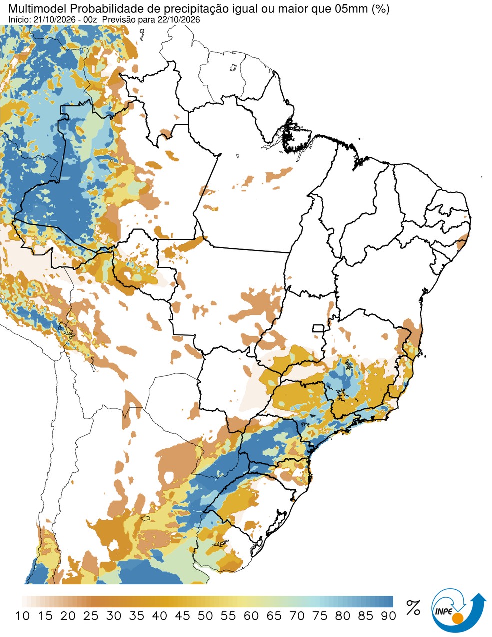 Mapa mostra previsão de chuva para esta sexta (22/10) em todo o Brasil. — Foto: CPTEC/Inpe