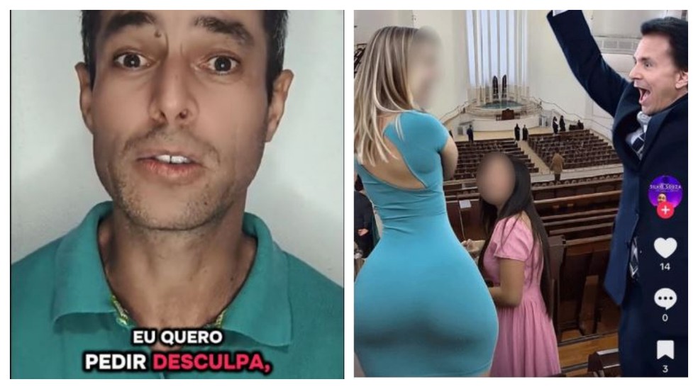 Jefferson de Souza (à esquerda) gravou vídeo para pedir desculpas por ter usado IA para manipular fotos de evangélicas em igreja da CCB — Foto: Reprodução/Redes sociais