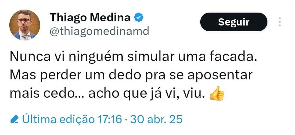 Thiago Medina (PL) fez postagem no seu perfil do X com insinuações contra Lula — Foto: Reprodução/X
