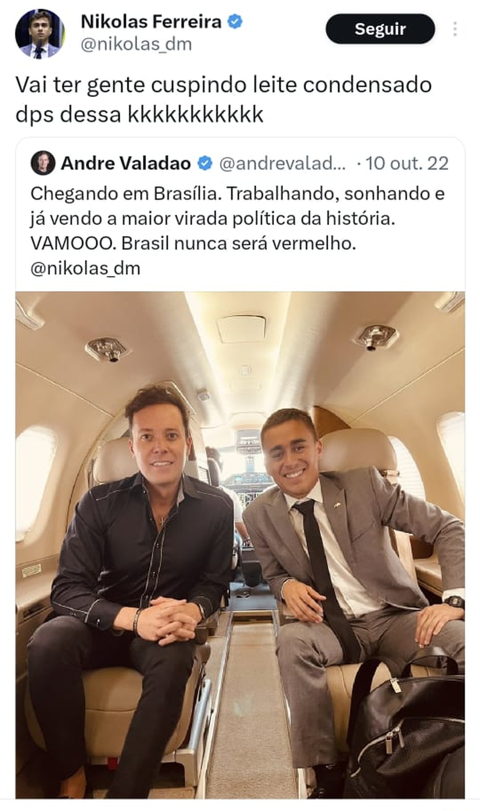 André Valadão com Nikolas Ferreira dentro do jato de Daniel Vorcaro em 2022 — Foto: Reprodução