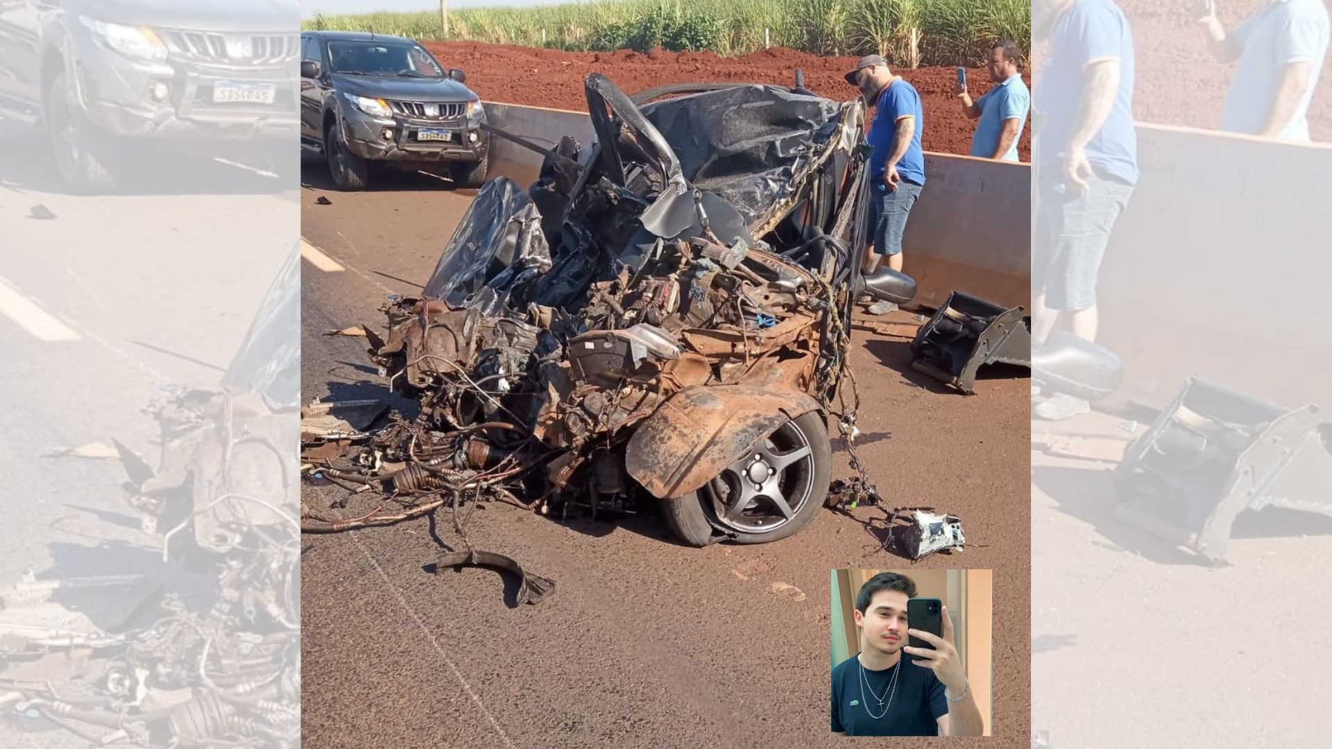 Jovem morre após bater contra carreta e caminhonete em rodovia do interior de SP; carro ficou destruído