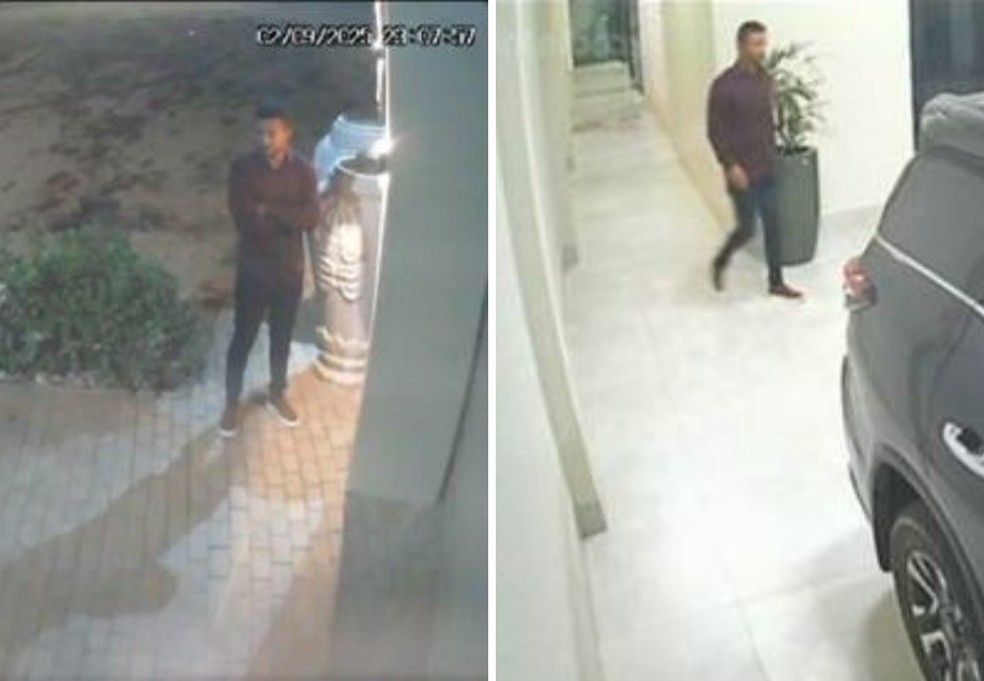 Thomas Gonçalves é flagrado pela câmera de segurança ao visitar casa de Wanderlei Barbosa horas antes da Operação Fames-19 — Foto: Arte g1/Reprodução/Decisão STJ
