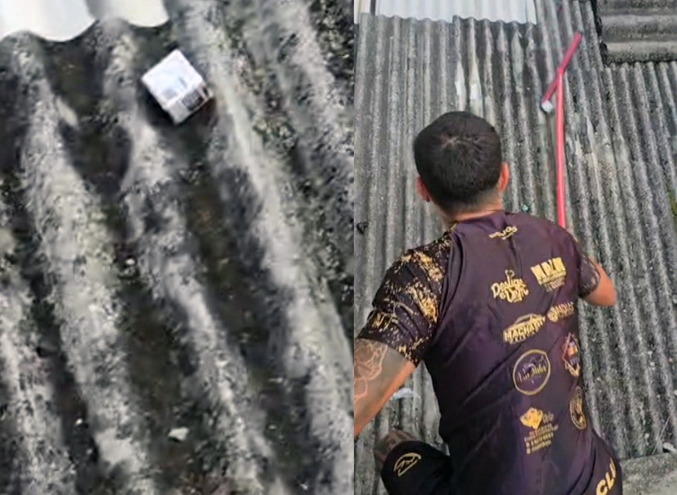 Caixa de caneta foi jogada pelo telhado — Foto: Reprodução/TV Globo