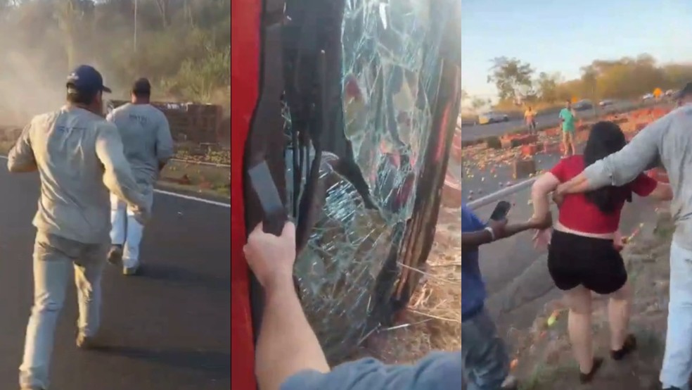 Trabalhadores retiram gestante e motorista de caminhão tombado com 17 toneladas de tomates na BR-050, em MG