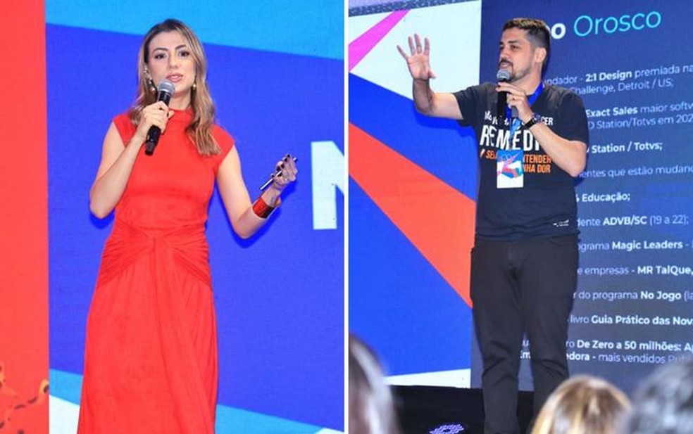 Head de marketin do iFood e o CEO da Exact Sales durante segunda edição do Conecta Insights, em Goiás — Foto: Fábio Lima/O Popular