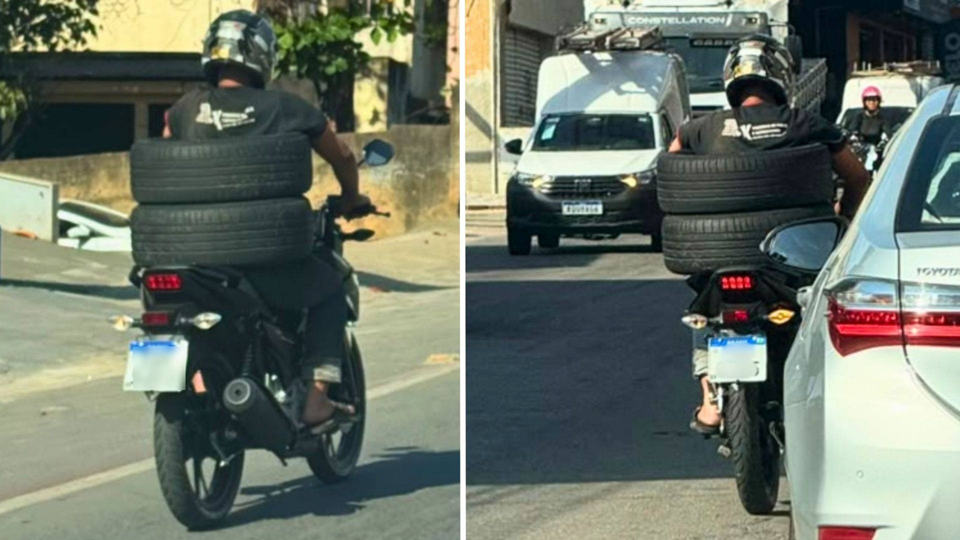 Motociclista é flagrado carregando dois pneus na cintura no trânsito de Cachoeiro de Itapemirim