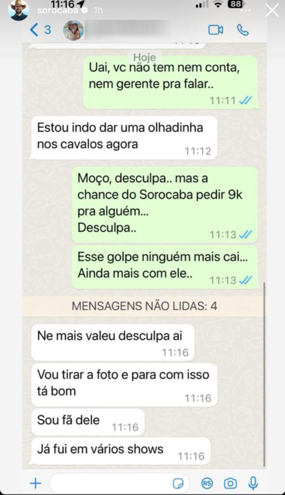 Cantor Sorocaba publicou tentativa de golpe de suspeito que tentou se passar por ele — Foto: Reprodução