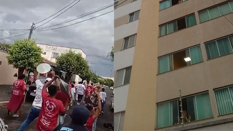 Terno de Congado Moçambique Conta de Lágrimas fazia cortejo religioso quando foram atingidos por urina no bairro Saraiva — Foto: Redes sociais/Reprodução
