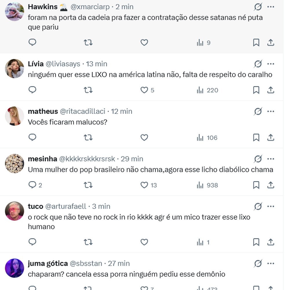 Comentários sobre anúncio de Marilyn Manson para a edição de 2027 do The Town — Foto: Reprodução