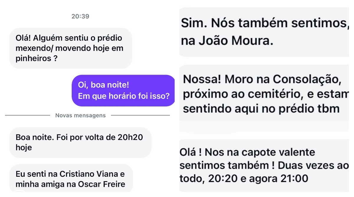 Moradores de Pinheiros narram tremores nas ruas do bairro na noite de domingo 