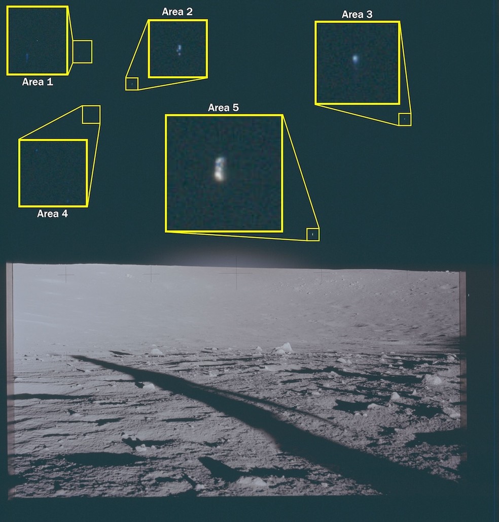 Foto tirada por astronauta da Apollo 12 na Lua em 1969 mostra cinco áreas, aumentadas com edição posterior, de fenômenos não identificados visíveis a olho nu. — Foto: Nasa/Divulgação/Departamento de Guerra dos EUA