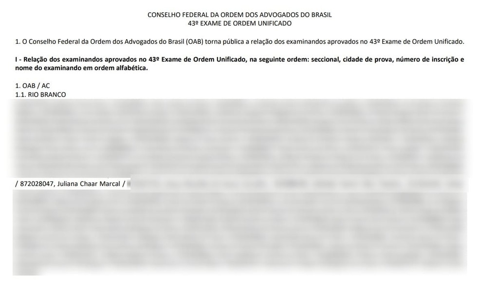 Nome de Juliana Chaar saiu entre aprovados na OAB-AC — Foto: Reprodução
