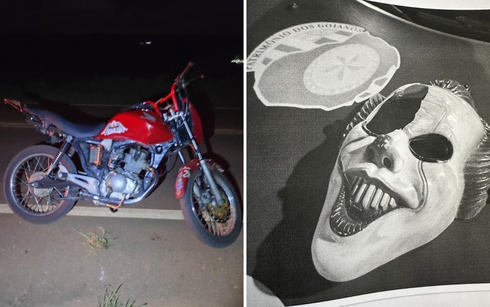 Moto e máscara de terror usada por homem e mulher vestidos de papai e mamãe noel, em Campo Limpo de Goiás — Foto: Divulgação/PMGO