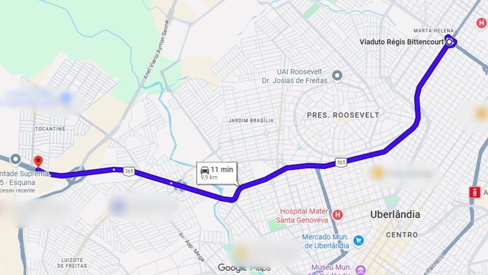 O trecho da BR-365 é considerado o 8º mais perigoso de MG — Foto: Google Maps/Reprodução