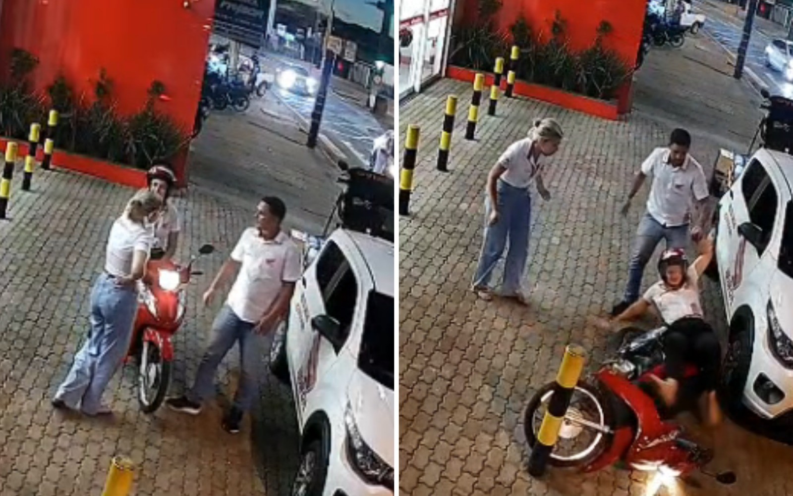 Vendedora viraliza ao cair de moto após colega acelerar veículo: 'Airbag humano'; vídeo