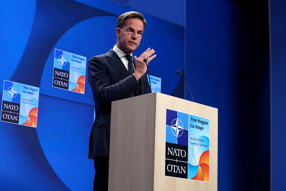 Secretário-geral da Otan, Mark Rutte, anuncia aumento de gastos em Defesa para os países-membros da aliança em 23 de junho de 2025. — Foto: REUTERS/Yves Herman