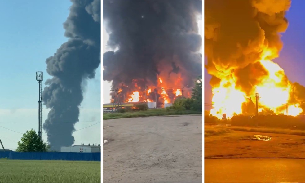 Vídeo divulgado por Zelenskyy nas redes sociais mostram as explosões causadas por drones ucranianos. — Foto: Reprodução/X
