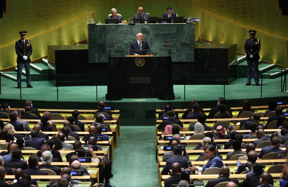 Visão geral do discurso de Lula na Assembleia Geral da ONU — Foto: Mike Segar/Reuters