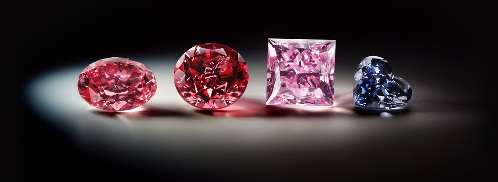 Diamantes facetados e coloridos da mina de diamantes Argyle. — Foto: Reprodução/Nature/Murray Rayner