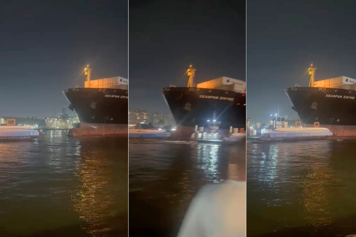 Navio porta-contêineres bate em duas balsas no Porto de Santos e tripulantes saltam no mar; VÍDEO