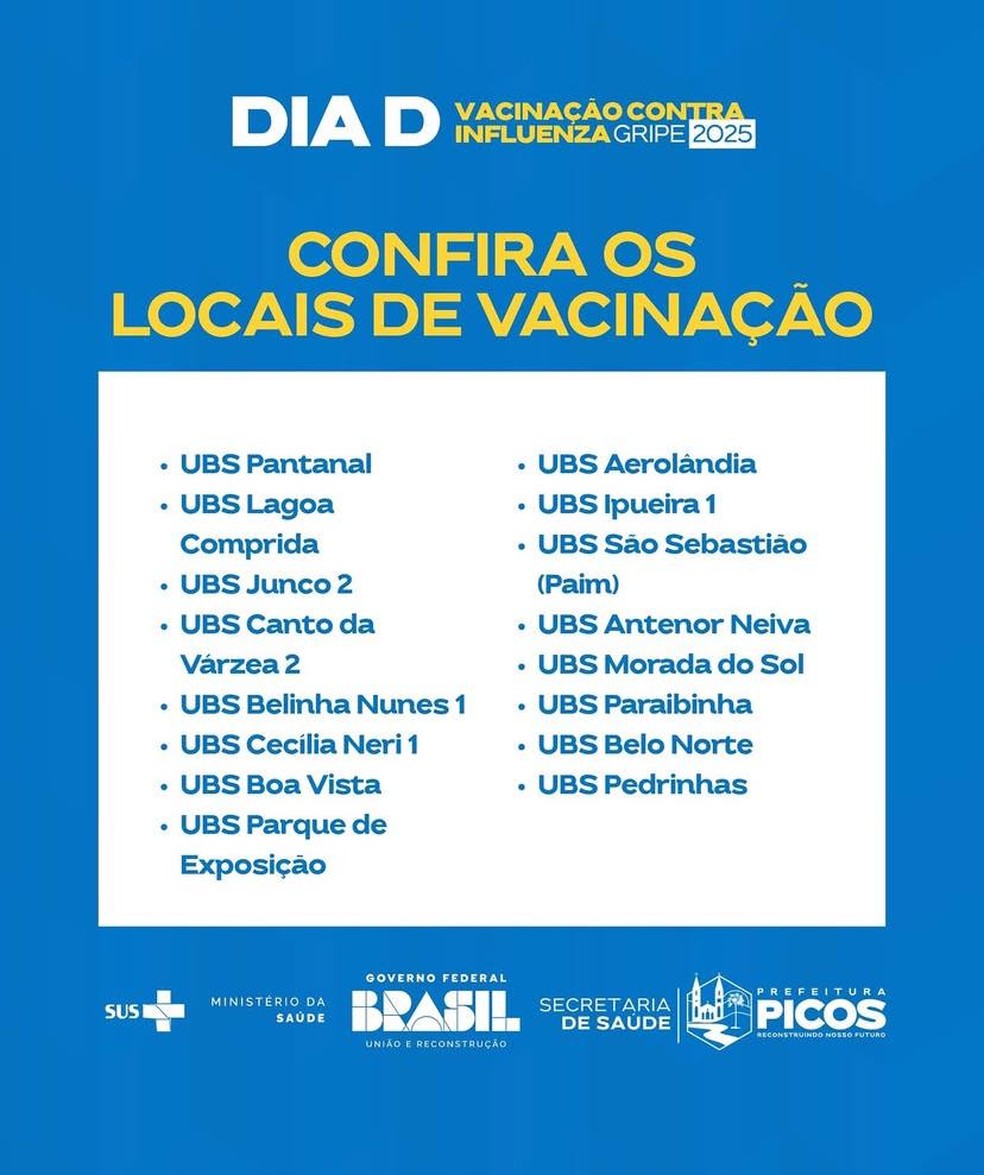 Locais de vacinação em Picos — Foto: Divulgação: Secretaria da Saúde de Picos